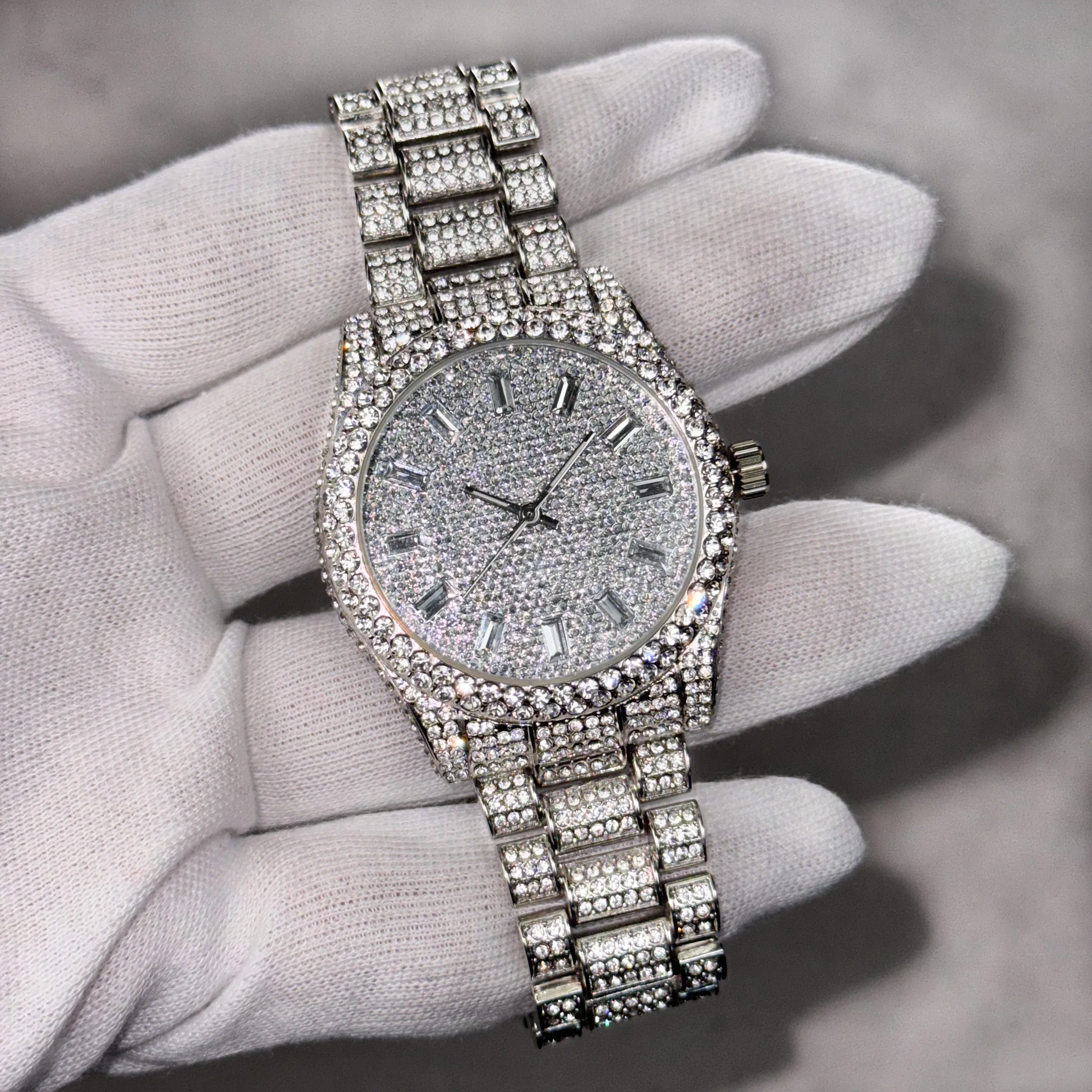 Women's Diamond Watch 41mm Case with Iced Baguette Dial - Quartz Movement