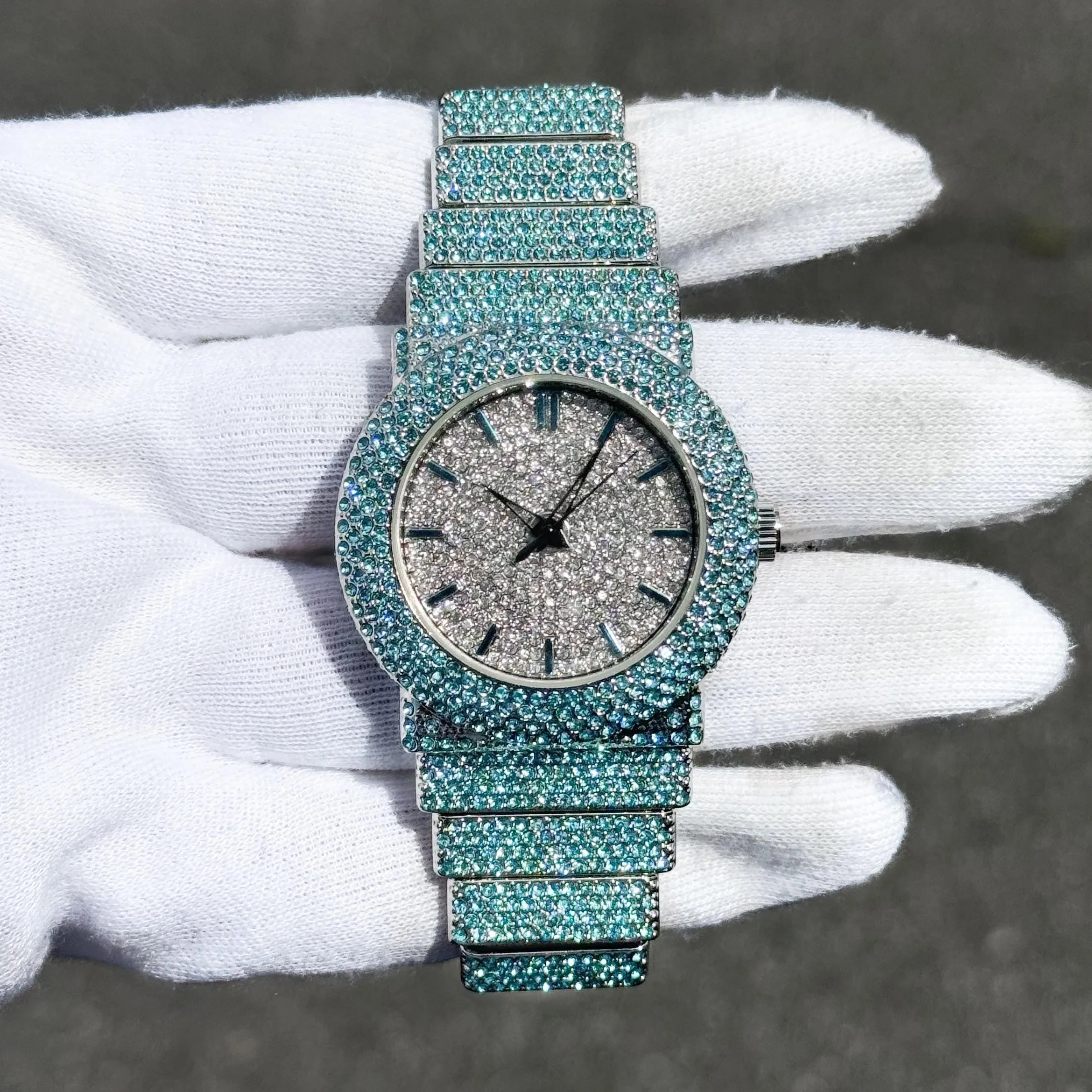 Women's Elegant 40mm Iced Diamond Watch: End-to-end Fully Iced Out Band with Brilliant Colorful Crystals