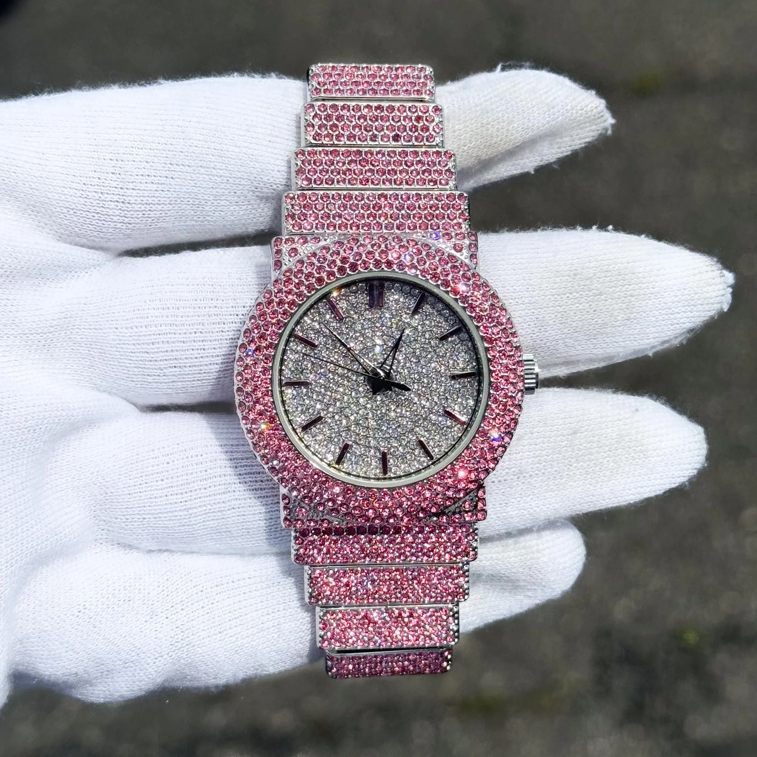 Women's Elegant 40mm Iced Diamond Watch: End-to-end Fully Iced Out Band with Brilliant Colorful Crystals