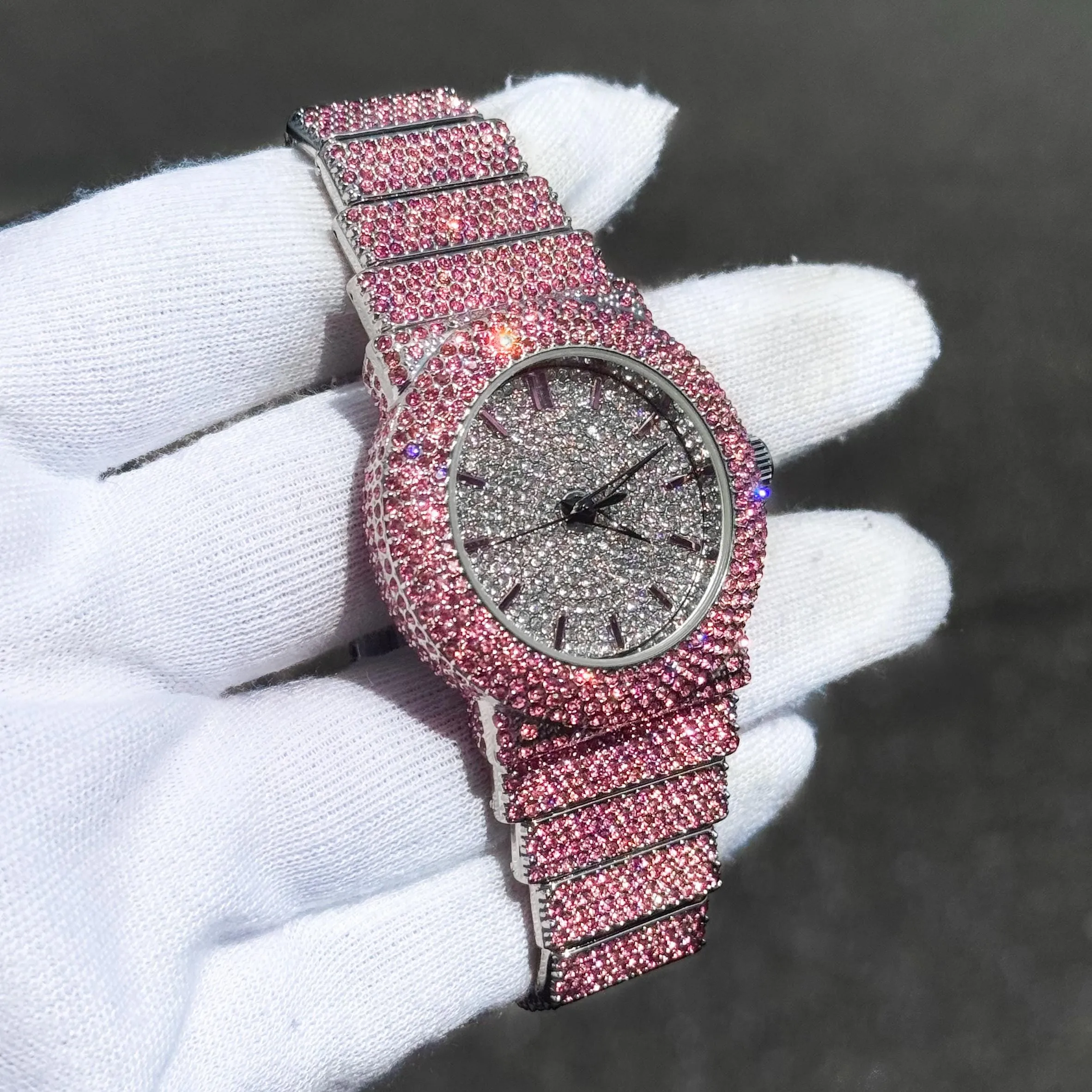 Women's Elegant 40mm Iced Diamond Watch: End-to-end Fully Iced Out Band with Brilliant Colorful Crystals