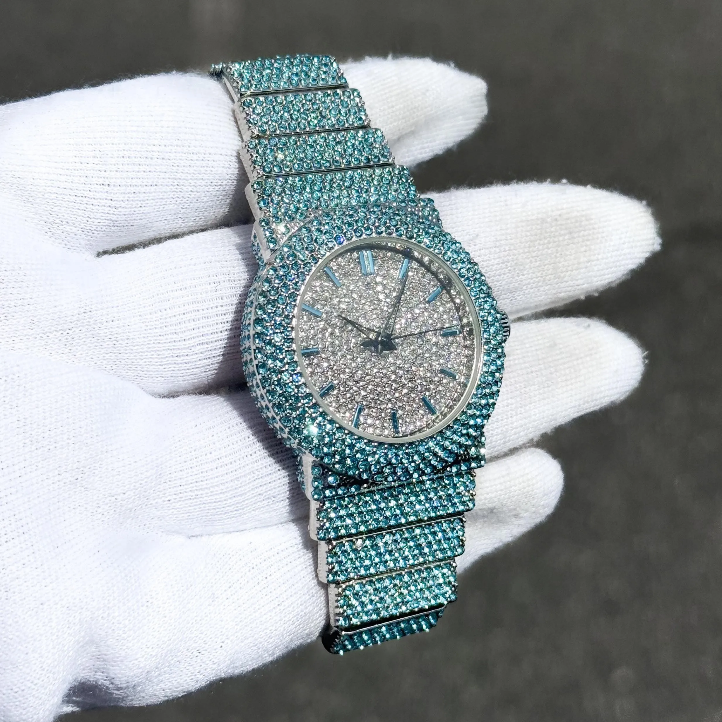 Women's Elegant 40mm Iced Diamond Watch: End-to-end Fully Iced Out Band with Brilliant Colorful Crystals