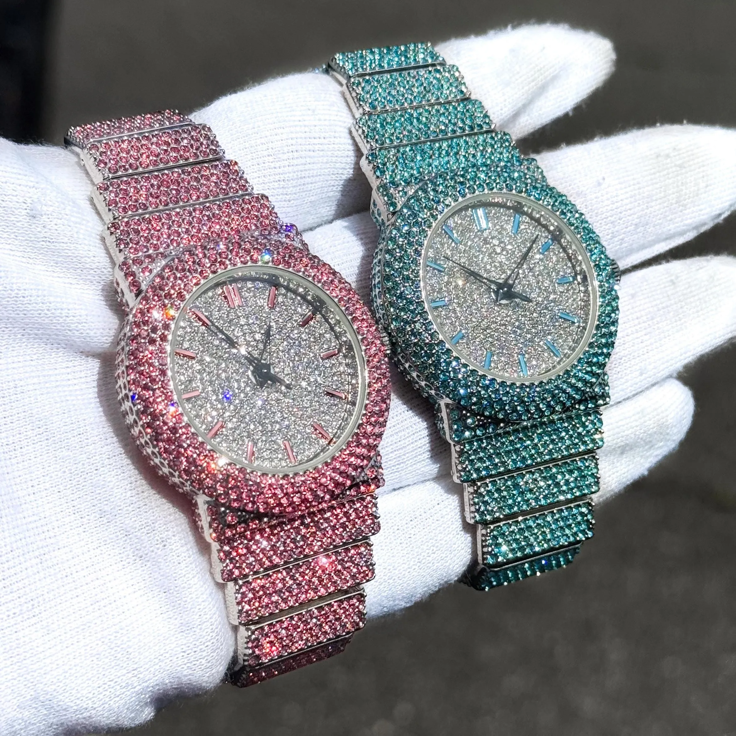 Women's Elegant 40mm Iced Diamond Watch: End-to-end Fully Iced Out Band with Brilliant Colorful Crystals