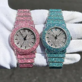 Women's Elegant 40mm Iced Diamond Watch: End-to-end Fully Iced Out Band with Brilliant Colorful Crystals