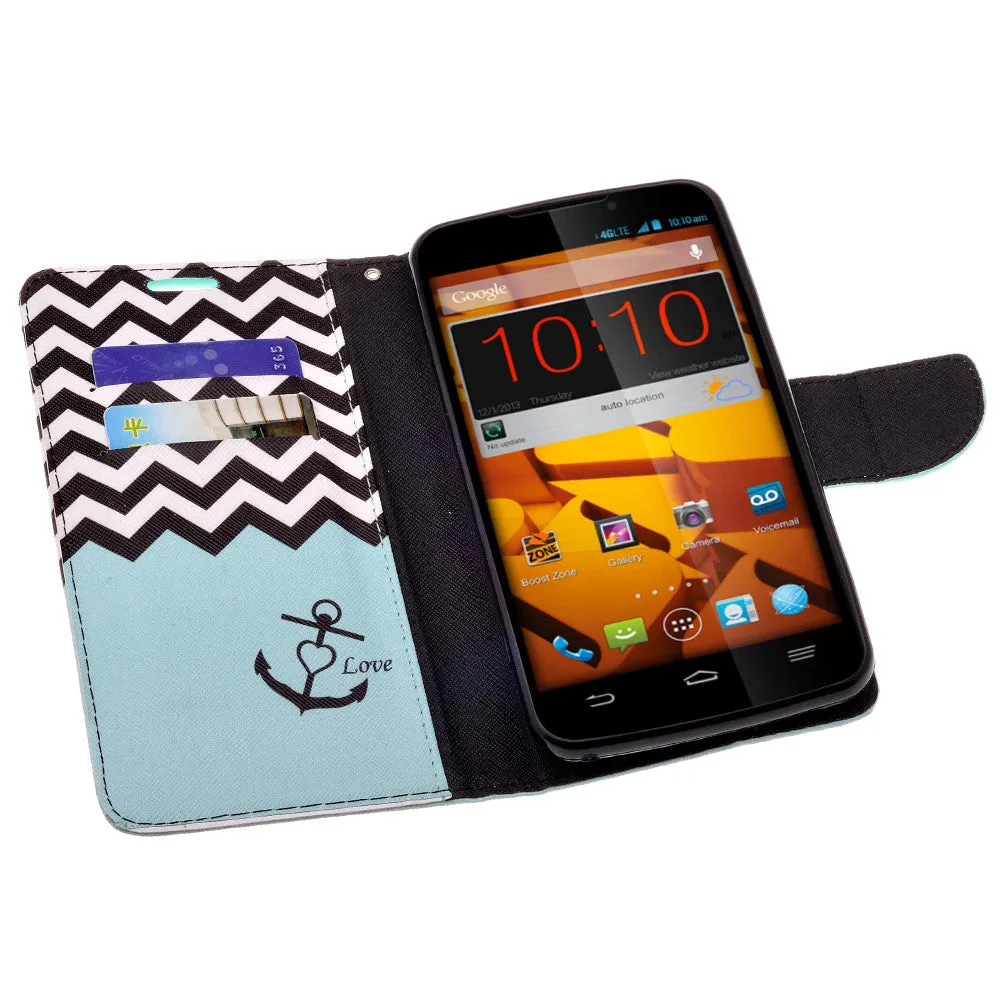 ZTE Max | N9520 | Boost Max Case, Wrist Strap Magnetic Flip Fold[Kickstand] Pu Leather Wallet Case with ID & Card Slots - Teal Anchor